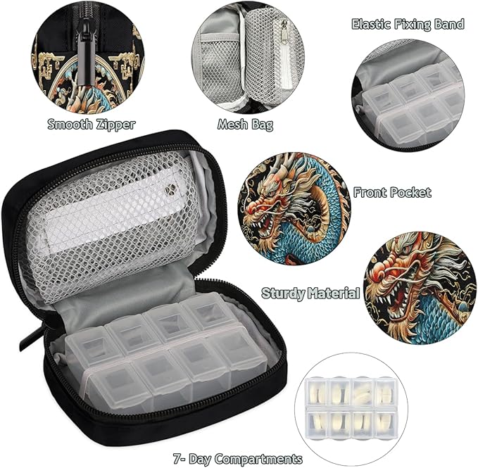 Weekly Travel Pill Organizer Case for Purse with Removable 7 Day Box Portable Compact Size Pill Box Fashionable Pill Container for Medicine Vitamin Supplement Dragon Ethnic