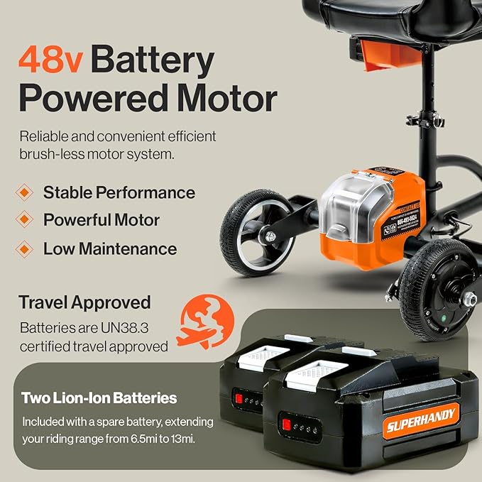 SuperHandy Passport Mobility Scooter for Adults- Foldable, 3 Wheel, Airline Travel Friendly - 13 Mile Range, Includes 2 Removable 44.4V Lithium-ion Batteries & Charger (275 Lbs)