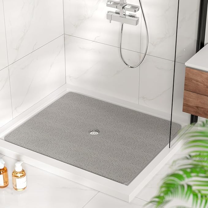 HITSLAM Square Shower Mat, 47 x 40 Inch Non Slip Bath Mat for Tub, Soft PVC Loofah Bathtub Mats with Drain Holes, Quick Drying Bathroom Stall Floor Mat, Bathroom Accessories Without Suction Cup, Grey