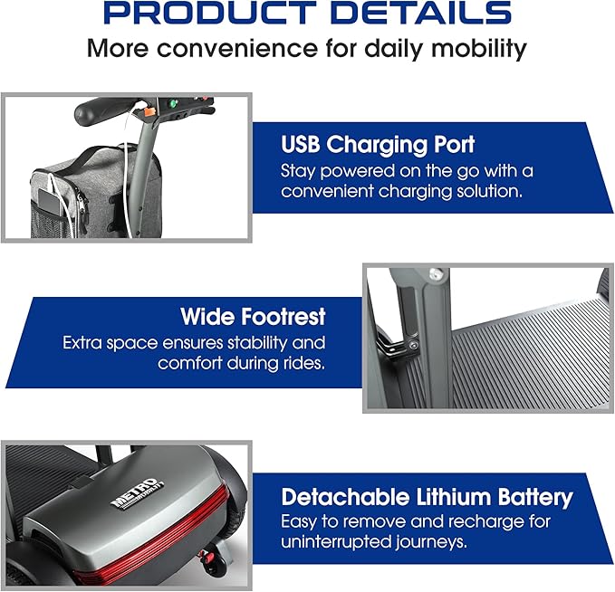 Metro Mobility Powered Mobility Scooters, 4 Wheel Mobility Scooters for Adults, 265 lbs Capacity Folding Mobility Scooter Lightweight, 10 Miles Long Travel Range Scooter with USB Charger Port Black