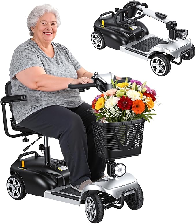 4-Wheel Foldable Electric Scooter for Adults | Long Range Mobility Scooter with Basket, Charger & Compact Heavy Duty Mobile for Travel with 330lb Capacity, Outdoor Use (Silver)