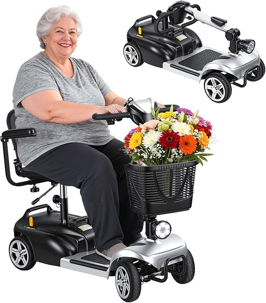 4-Wheel Foldable Electric Scooter for Adults | Long Range Mobility Scooter with Basket, Charger & Compact Heavy Duty Mobile for Travel with 330lb Capacity, Outdoor Use (Silver)