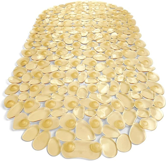 “Pebbles” Non-Slip Bathtub & Shower Mat 27”x14” Oval - Non-Toxic - Safe, Clean, Machine-Washable, Superior Grip & Drainage, Vinyl, for Smooth Floors ONLY, Transparent Light Brown