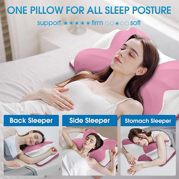 CloudBliss Cervical Memory Foam Pillow for Neck and Shoulder, Contour Neck Support Pillow with Cooling Case, Ergonomic Bed Pillow, Support for Side Back Stomach Sleepers (Pink, Standard Size)
