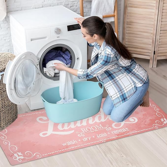 XLHOMO Laundry Room Rug Runner, 17"x60" Non Slip Pink Nappa Leather Laundry Rugs, Farmhouse Washable Floor Laundry Mats for Laundry Room, Kitchen, Washroom, Bathroom, Mudroom, Hallway Entryway Decor