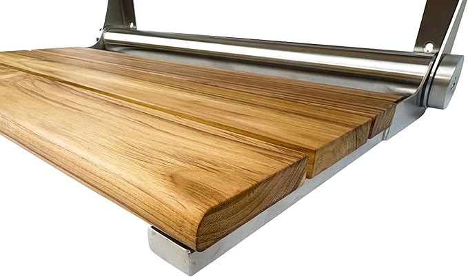 Teak Shower Seat Bench with Back - Wall Mounted Fold Up Shower Seat, Waterproof Folding Teak Bath Chair for Seniors, 304 Stainless Steel, with 300 lbs Capacity - 24" Length, Brushed Stainless Finish