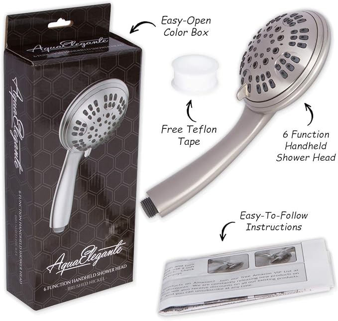 Aqua Elegante 6 Function Luxury Handheld Shower Head - Adjustable Pressure Rainfall Spray With Removable Nozzle, Brushed Nickel