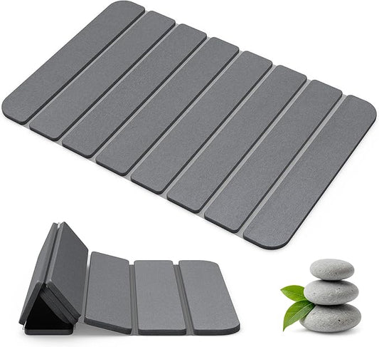 Diatomaceous Earth Stone Bath Mat Non-Slip, Foldable Stone Bath Mats for Bathroom Quick Dry, Super Absorbent Diatomaceous Earth Mats 24 x 16 Inch Quick Drying, Eco-Friendly Easy to Clean - Grey 1Pack