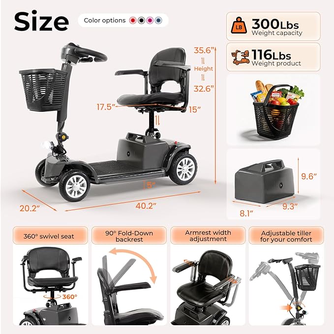 Mobility Scooter for Adults Senior,4 Wheels Electric Powered Scooter,Lightweight Mobility Scooter,with LED Headlights and Basket,Charger Included, Detachable Battery and Rotatable Seat (Grey-Black)
