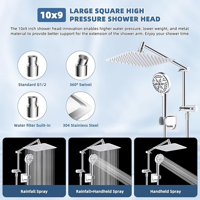 All Metal Rain Shower Head, 10” High Pressure Rainfall Shower Head with Handheld, 5" Large Handheld Showerhead Powerful Cleaning 10-Spray, 16" Shower Extension Arm Adjustable Height/Angle, Chrome