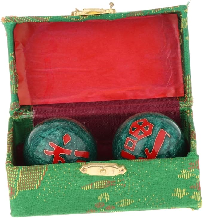 2 Pieces Hand Massage Balls, Chinese Exercise Handballs with Storage Box, Compact Relaxation, Chinese Baoding Balls, for Kids Seniors, Fu Word Green
