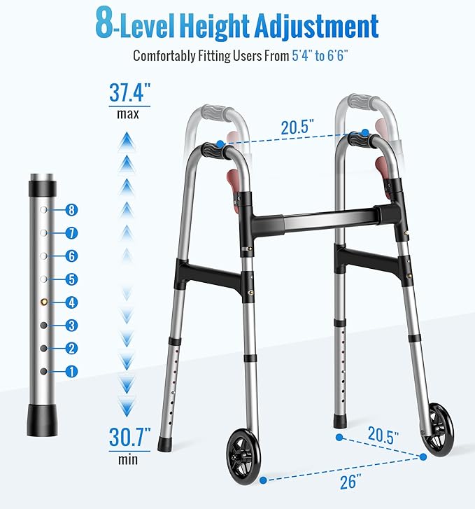 HOMLAND Walkers for Seniors, One-Hand Folding, 8 Height Adjustments, Walkers with Wheels, 2 Skis and 5" Wheels, Lightweight Walker for Seniors, Standard Walkers for Seniors, Aluminum Frame, Silver