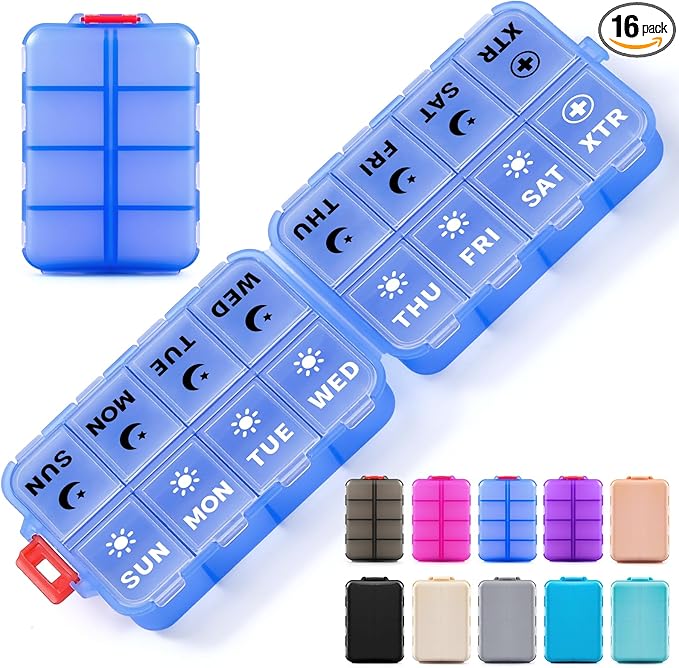 Foldable Weekly Pill Organizer 2 Times a Day with 2 Extra Compartments (Clear Printed Labels) - 7 Day AM PM Medicine Box, Week Daily Travel Pill Case Holder for Vitamin, Supplement - Clear Blue