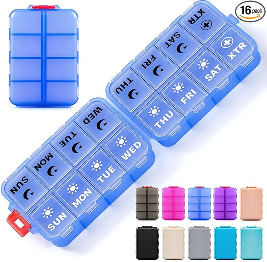 Foldable Weekly Pill Organizer 2 Times a Day with 2 Extra Compartments (Clear Printed Labels) - 7 Day AM PM Medicine Box, Week Daily Travel Pill Case Holder for Vitamin, Supplement - Clear Blue