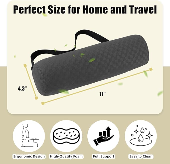 Lumbar Roll Pillow for Lower Back, Lumbar Support Foam Roll Cushion with Pillowcase and Upgraded Strap for Office, Chair, Car, Seat Pain Relief & Improving Posture (Dark Grey, Short-11 * 4.3'')