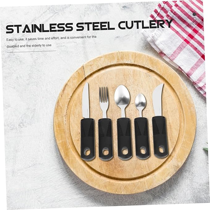 SHERCHPRY Adaptive Utensils Set for Elderly Anti-Skid Stainless Steel Cutlery with Non-Slip TPR Handles for Disabled and Seniors Ergonomic Design for Easy Grip