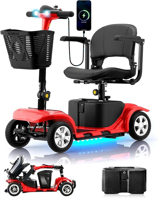 Mobility Scooter for Adults, Senior, 4 Wheels Electric Powered Chargeable Device for Travel, Lightweight and Portable, with LED Headlights and Basket, Charger Included, Red/Blue (RED red)