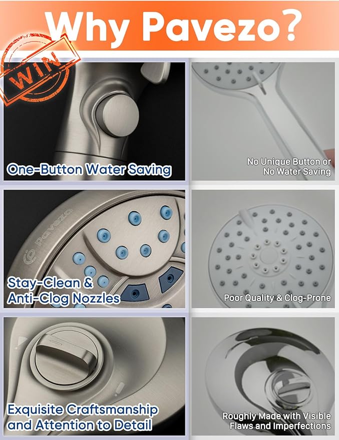Pavezo® High Pressure Handheld Shower Head with Filter, ON/OFF Switch Pause Button, 10-mode Shower Head with Hard Water Softener Filters, SS Hose, Anti-clog & Powerful Clean Tile & Pet, Brushed Nickel