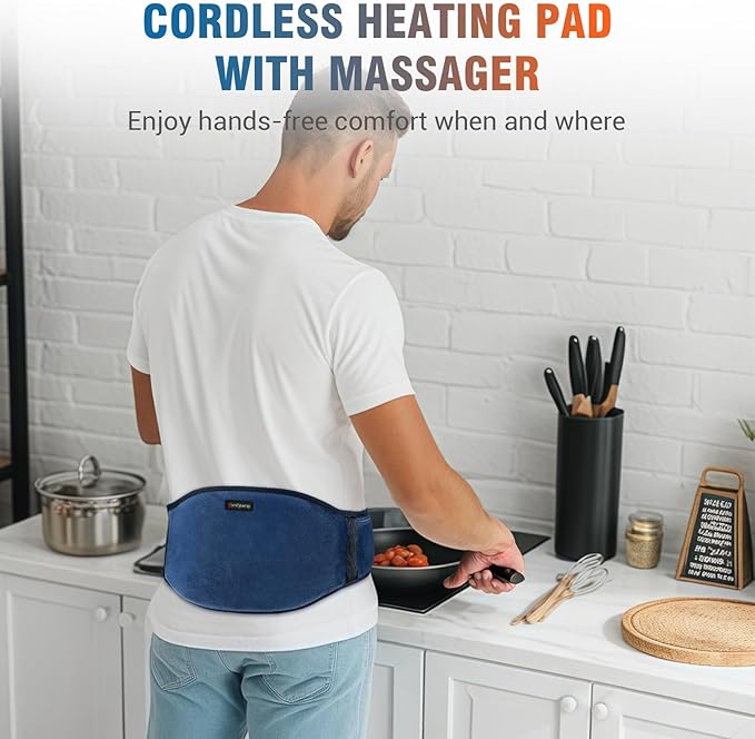 Comfytemp Cordless Portable Heating Pad with Massager for Back, FSA Eligible HSA, Rechargeable Wireless Lower Back Massager with Heat, Battery Operated Electric Wearable Heated Waist Belt for Period