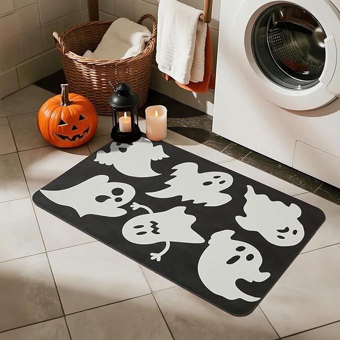 TYUU Halloween Bath Mat, Thin Halloween Bathroom Rug Non Slip Quick Dry Ghost Bath Mat Fits Under Door Thin Floor Mat Halloween Decor, 17''x30'', Ghosts Black
