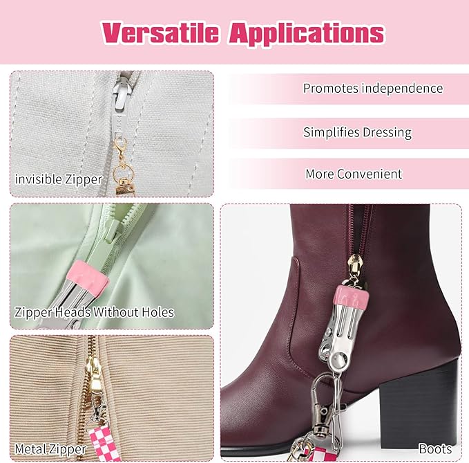 2 Pack Zipper Helper Pull for Dresses - One-Handed Zipper Puller with 3 Hooks for Dresses, Shoes and Boots, Skirts & Bags Zipper Puller Helper Aid for Women, Traveler, Seniors & Long Nails (Pink)