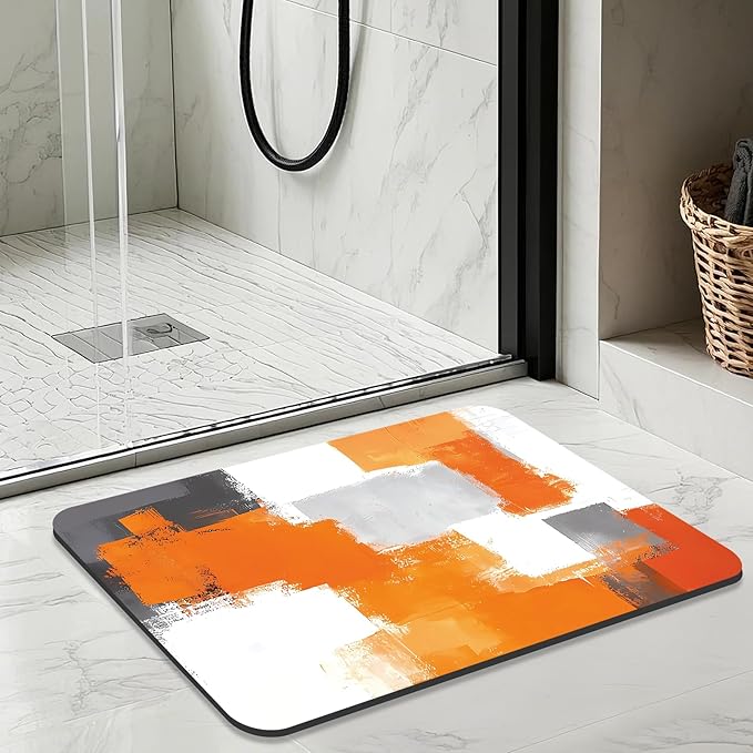 Quick Dry Bath Mat for Bathroom,Super Absorbent Orange and Gray Welcome Bath Rug Non-Slip Rubber,Machine Washable Bathroom Floor Mat for Shower, Tub, Sink Area Abstract Art Painting 16x24