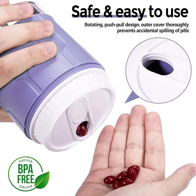 Betife Extra Large Supplement Organizer,Weekly Pill Organizer Bottle, Daily Pill Dispenser with 7 Large Compartments, Organizer to Hold 7 Day Vitamin Medication,21 labels and a cleaning brush (Purple)