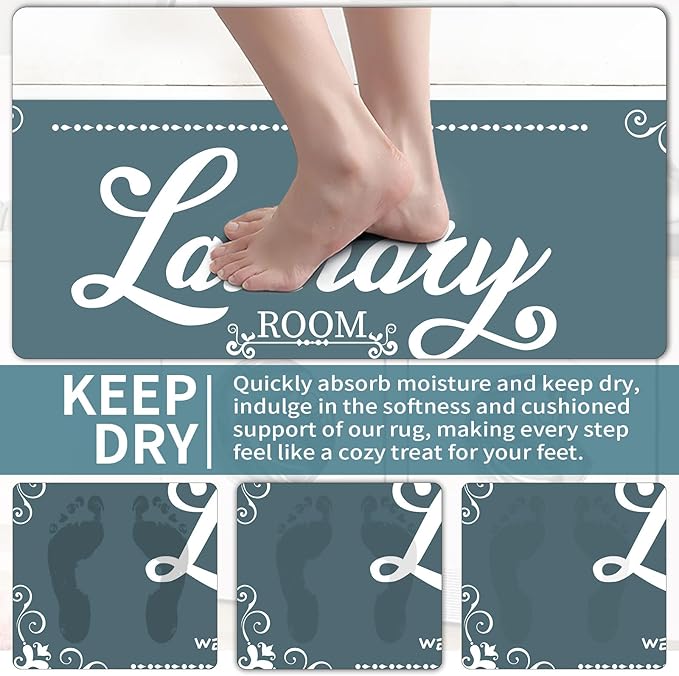 XLHOMO Non Slip Laundry Mats, 17.7"x45" Teal Laundry Rug Runner, Farmhouse Washable Laundry Room Floor Mat for Laundry Room, Mudroom, Kitchen, Washroom, Bathroom, Hallway Entryway Carpet Decor