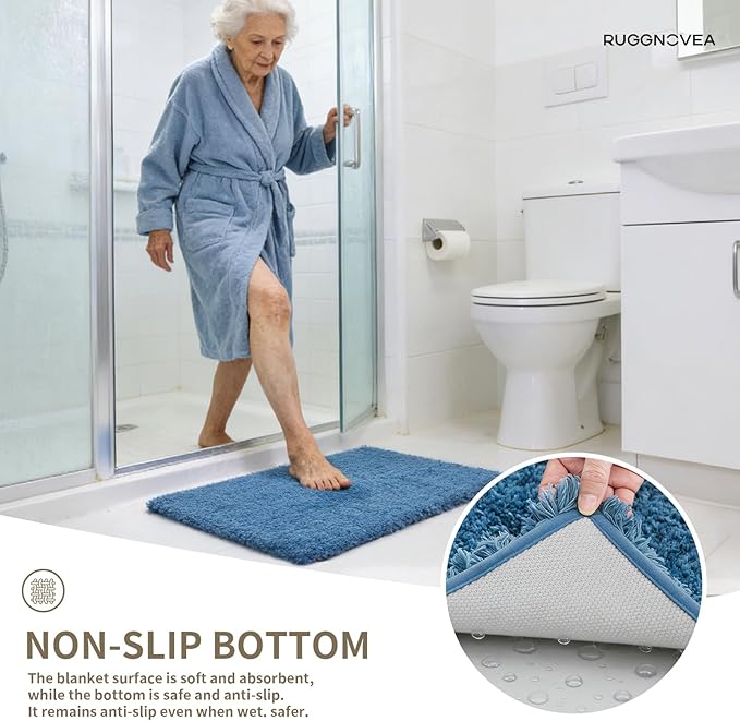 Bathroom Rugs Non Slip Washable 36x24, Ultra Thick Soft Microfiber Absorbent Bath Mats, High Density Foam Latex Non Slip Backing Bath Rugs, Fluffy Floor Carpet for Tub&Shower, Blue