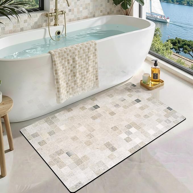 LUMI Ultra Thin Bath Mat, Super Absorbent Quick Dry Bathroom Rugs, Non-Slip Bathroom Mats, Marble Bathmats Fit Under Door, Bathtub, Sink, Shower Room, 24"x44", Beige Checkered