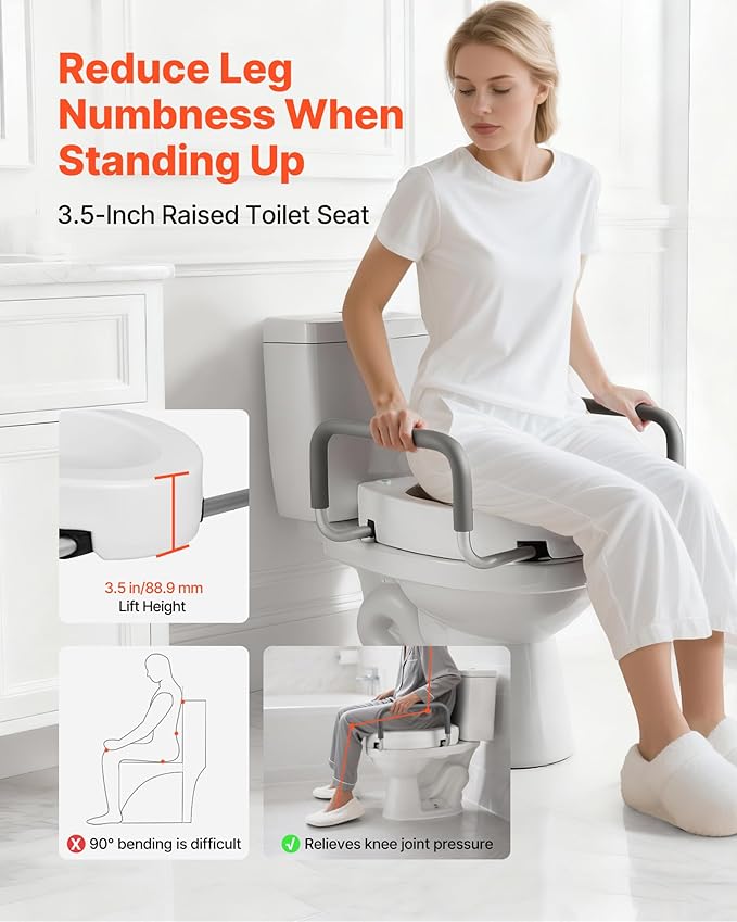 VEVOR Raised Toilet Seat with Arms, 300 lbs Load Capacity, 3.5-Inch Lift Height, Widened Commode Elevated Toilet Seat Riser with Padded Handles for Seniors, Elderly, Handicap, Disabled, and Adults