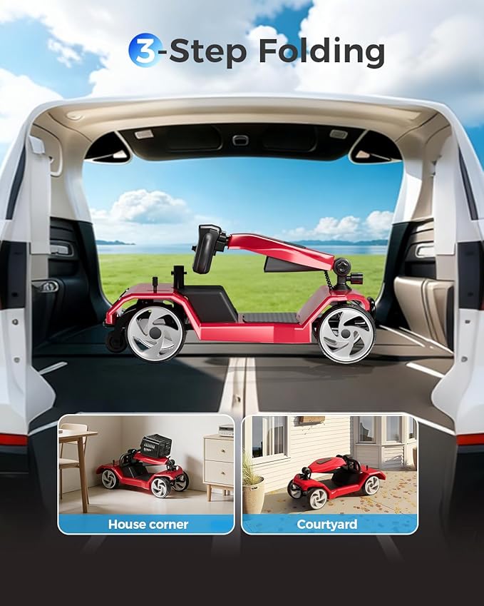 Foldable Mobility Scooters for Seniors, 4 Wheel Lightweight Mobility Scooters for Adults, Powered Electric Wheelchair, Mobility Scooter with Seat, Folding Travel Motorized Scooter - Red