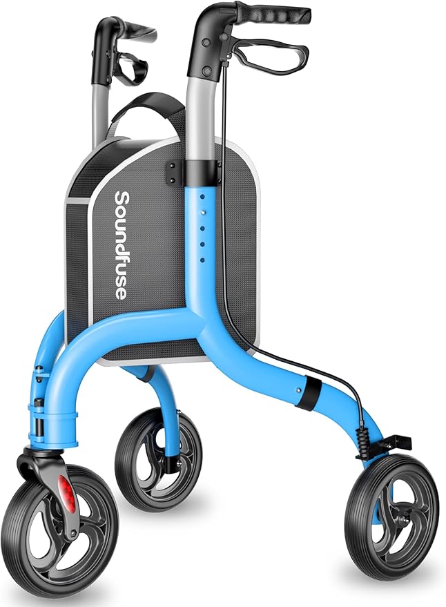 SOUNDFUSE 3 Wheel Walkers for Seniors, Lightweight Foldable Aluminum Rollator Walker, Height Adjustable Three Wheel Walker, Blue