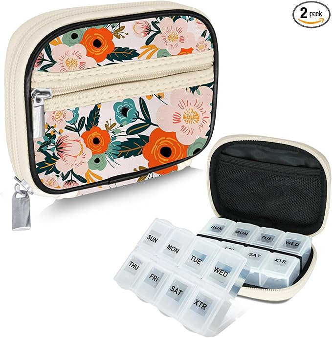 Serfeymi Weekly Travel Pill Organizer Pill Case for Purse with Removable 7 Day Pill Box, Fashionable Travel Medicine Organizer Pill Container for Medicine, Vitamin, Supplement - Bloom 01 + Pill Box