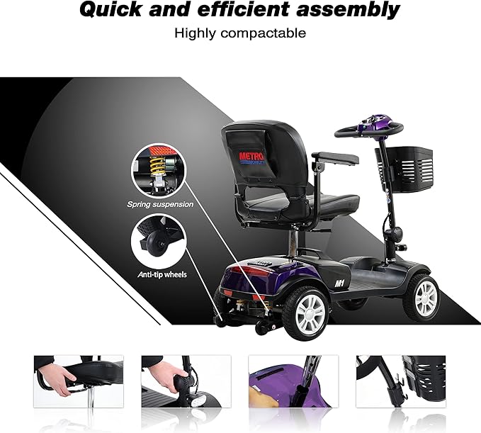 Metro Mobility 4 Wheel Folding Mobility Scooters for Seniors - 300 lbs Capacity Electric Scooter with Seat for Adults, Travel - Front & Rear LED Light - Purple