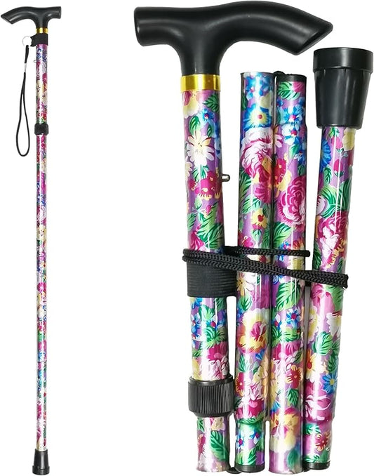 Folding Cane, 5-Level Adjustable Height Lightweight Portable Foldable Walking Canes with Wrist Strap and T Handle for Men Women Seniors