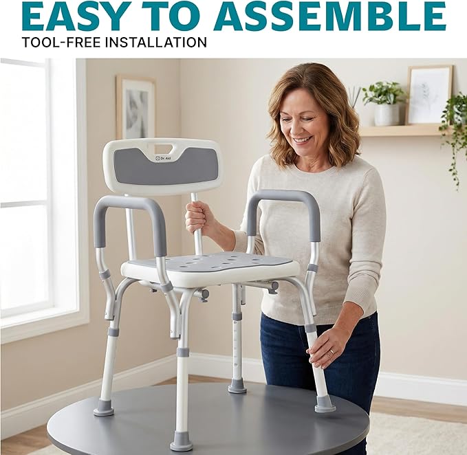 Dr. Aid Shower Chair for Inside Shower - 400 lbs, 6-Height Adjustable Shower Bench with Arms & Back for Adults, Seniors & Disabled - Tool-Free Assembly, Anti-Slip Bathroom Seat for Tub & Small Showers