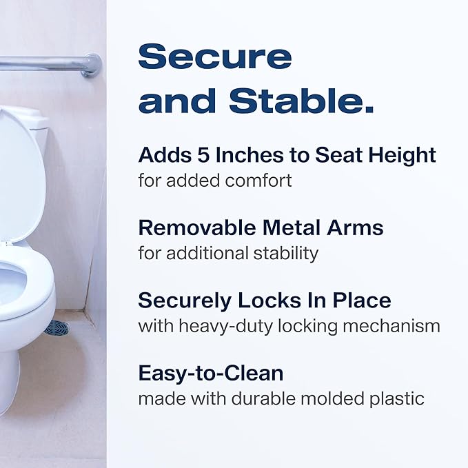 VMS Raised Toilet Seat with Removable Handles & Locking Seat | Adds 5" to Toilet Seat Height | Ergonomic Contour Design & Detachable, Padded Arms for Safety & Comfort for Seniors and Medical Home Care