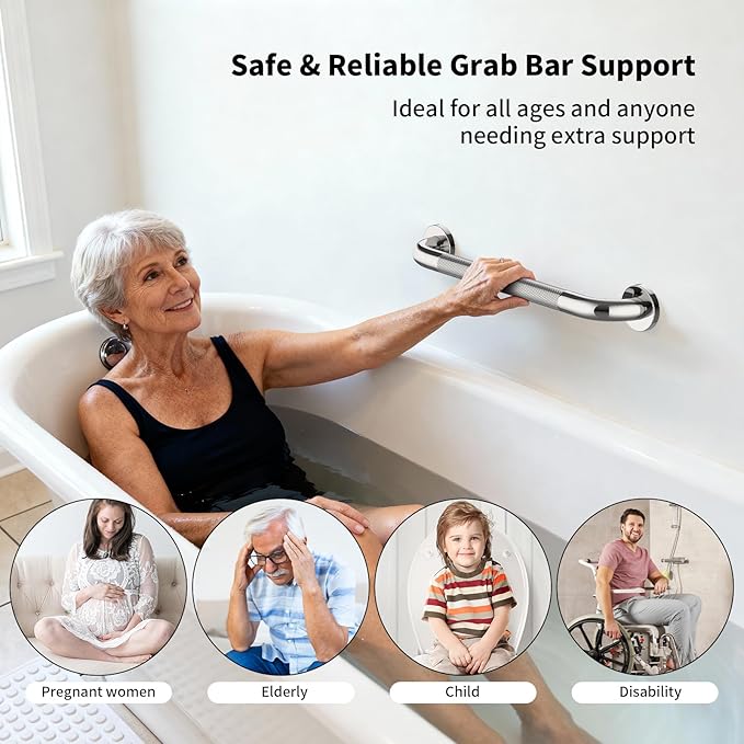 Shower Grab Bar 20 Inch, iHansee Chrome Bathroom Grab Bar w/Anti-Slip Knurled Grip - 1.25" Diameter, Stainless Steel Bath Safety Bars for Senior Elderly, Wall Mounted Toilet Bathtub Balance Handrail