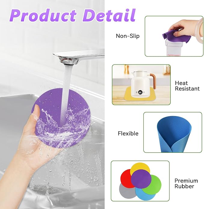 12 Pack Jar Opener Gripper Pads Rubber Jar Grippers Multi-Purpose Square Round Heat Insulation Pad Coasters for Weak Hands Seniors with Arthritis - Multicolor
