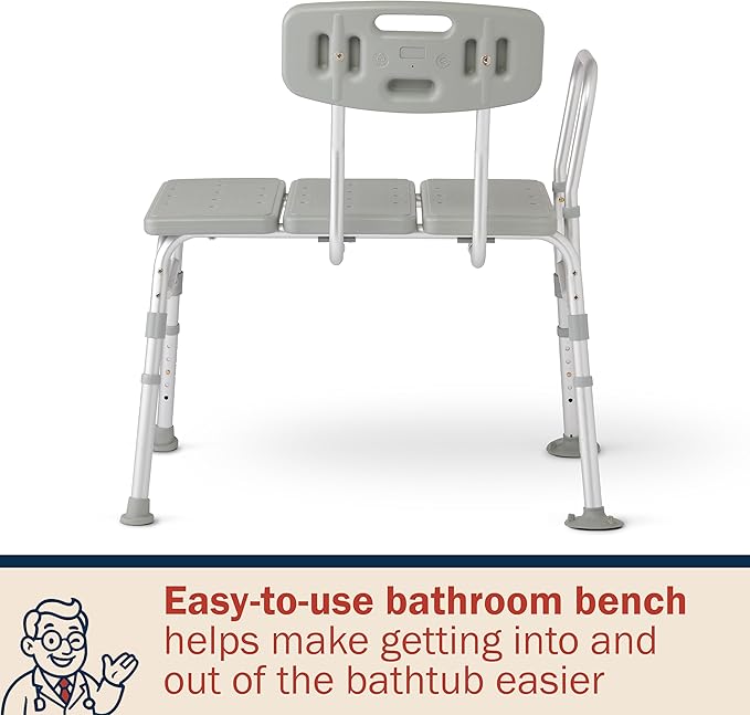 Dr. Dunley Tub Transfer Bench, 400 lb Capacity Bath & Shower Seat, Tool-Free Assembly, Anti-Slip Suction Feet, Lightweight Frame, for Seniors & Mobility Assistance