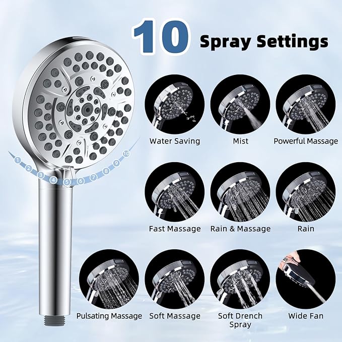 All Metal Rain Shower Head, 10” High Pressure Rainfall Shower Head with Handheld, 5" Large Handheld Showerhead Powerful Cleaning 10-Spray, 16" Shower Extension Arm Adjustable Height/Angle, Chrome
