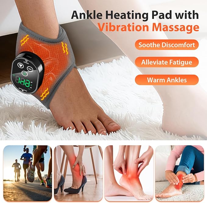 Ankle Heating Pad Cordless, Ankle and Foot Massager for Neuropathy, Heated Ankle Wrap with 4 Heats and 2 Vibrations, 3 Timers, Gifts for Women Men (Grey)