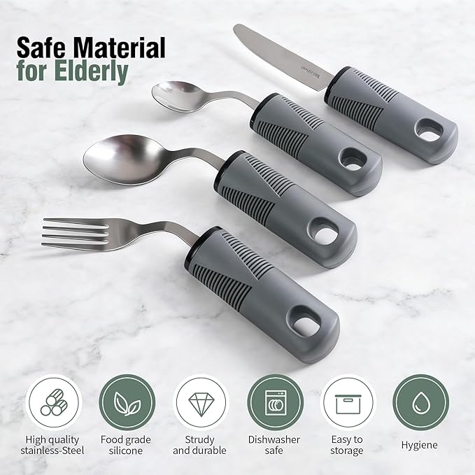 Adaptive Utensils Set, 4-Piece Weighted Utensils with 2 Elastic Strap for Parkinson’s, Arthritis and Hand Tremors, Non-Slip Handles for Easy Grip & Independence, Right Handed