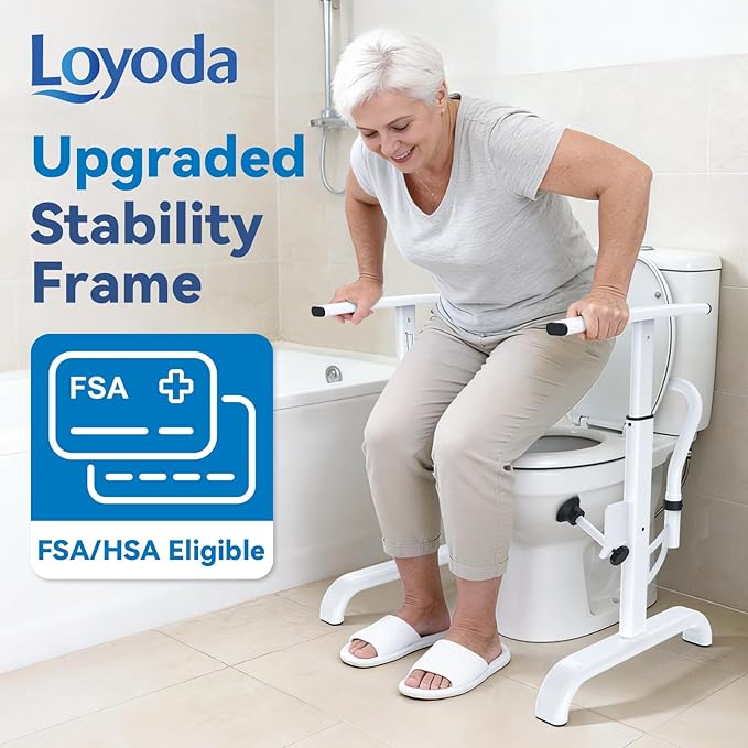 Loyoda Toilet Safety Rails for Seniors – Helps Family Members Sit & Stand Safely, Width & Chain Adjustable Toilet Handles, Heavy Duty 350 lbs Frame