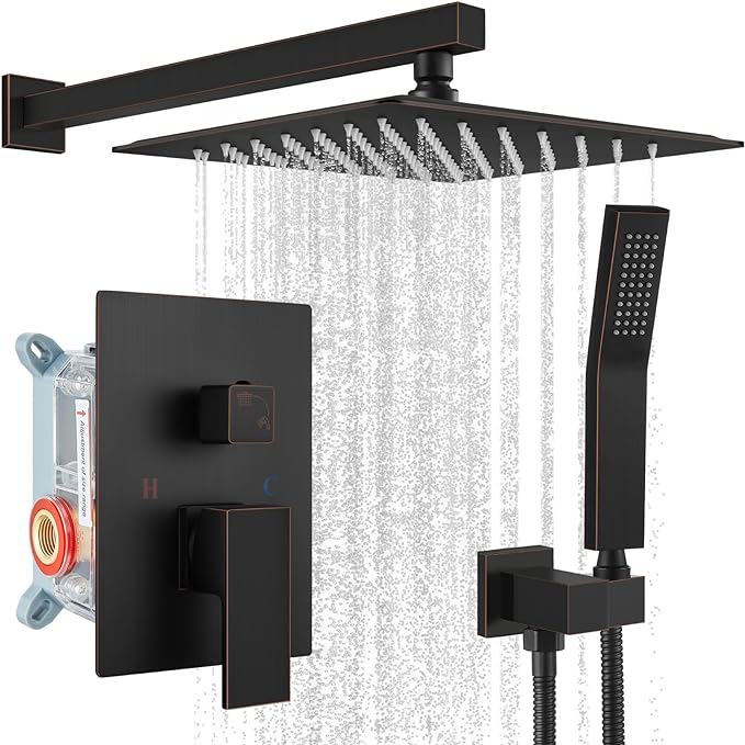 gotonovo Rainfall Bathroom Shower System Rain Shower Head and Handle Set Wall Mounted Shower Complete Combo Solid Brass Pressure Balancing Shower Mixer Valve 12 Inch Oil Rubbed Bronze