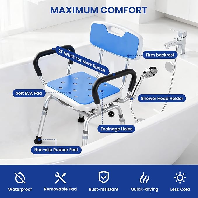 Deluxe Swivel Shower Chair with Arms & Back by CZMY, 360° Locking Seat, 5-Level Height Adjustable, Padded Heavy-Duty Bath Chair, 300 lbs, for Seniors, Elderly, Handicap & Disabled Blue