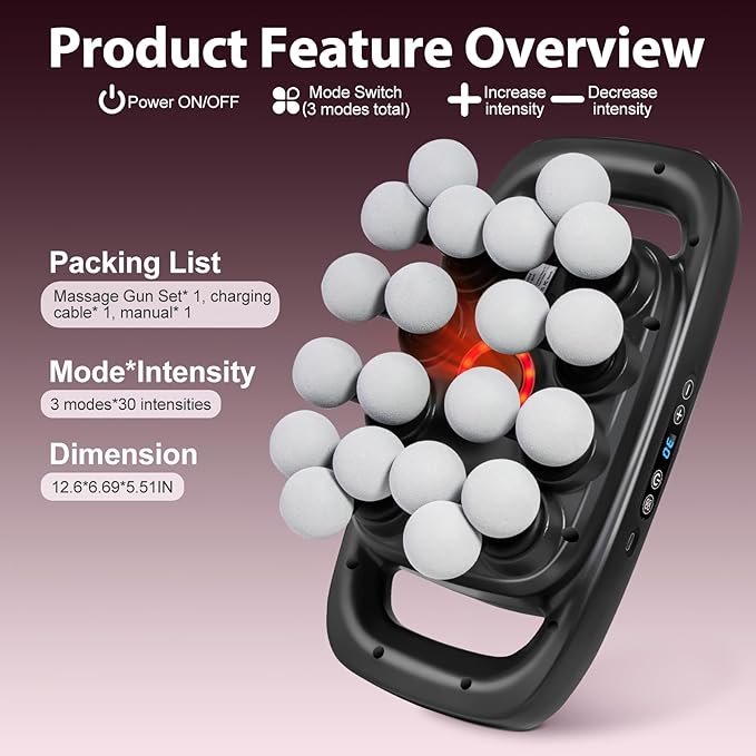 20-Head Massage Gun Set Deep Tissue, Portable Percussion Massager with 3 Modes & 30 Intensities, Muscle Massager for Legs Waist Back Pain Relief, Quiet Electric Massage Tool for Home & Gym