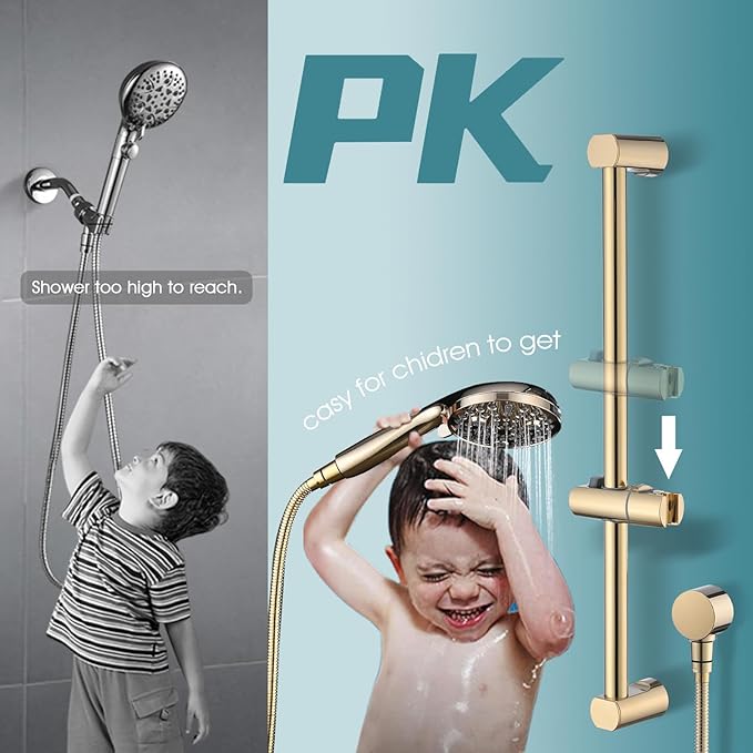 Hand Shower with Slide Bar, High Pressure 10 Setting Handheld Shower Head, Adjustable Height 24" Slide Bar, Wall Supply Elbow and 6.6ft Extra Long Shower Hose - Gold