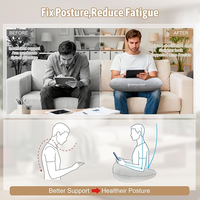 IFOYO Ergonomic Gaming Pillow for Lap, Grey U-Shaped Crochet Pillow for Lap Support, Soft Reading Pillows Provide Arms Legs Neck Support to Long Gaming Sessions, Crocheting, Reading, Working